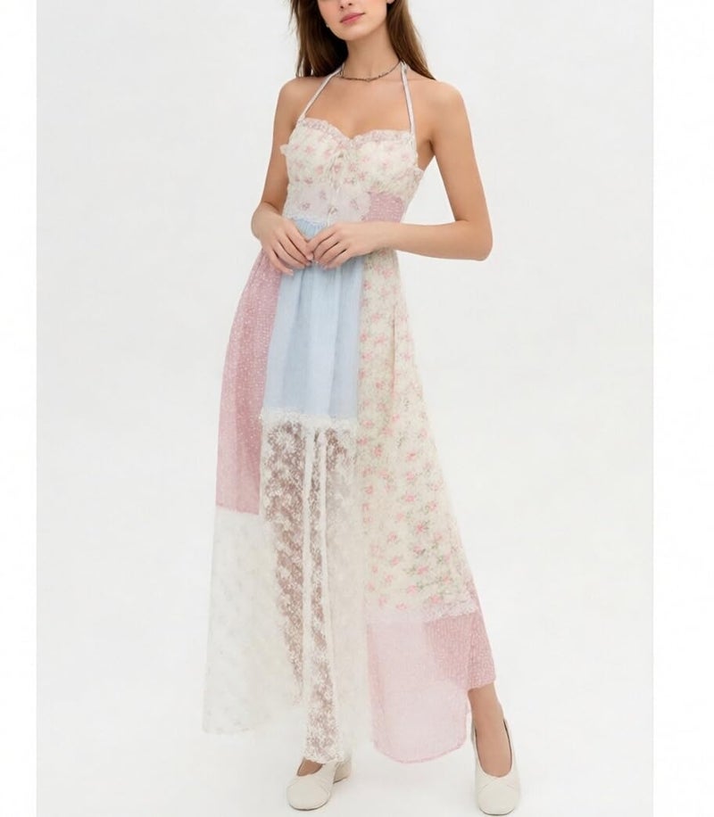Argeousgor Women Boho Patchwork Maxi Dress Sleeveless Floral Flowy Smocked Long Dress Summer Beach Sundresses - Image 4