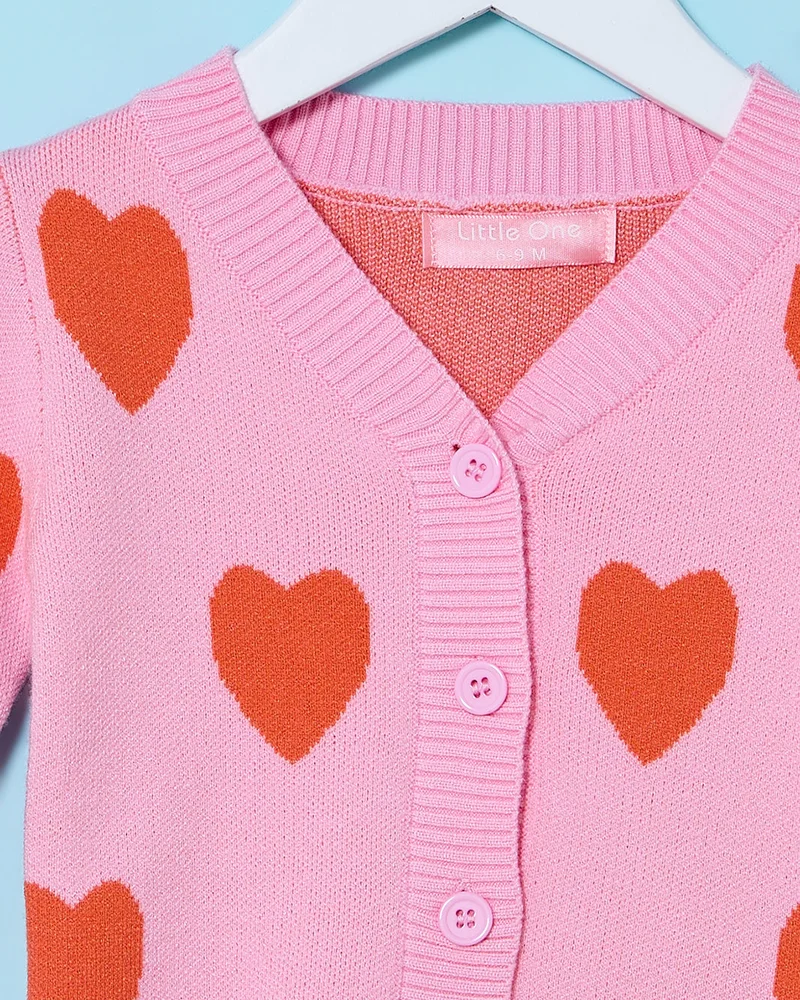 REDTAG Infant Girls Pink Heart  Print Front Open Shacket