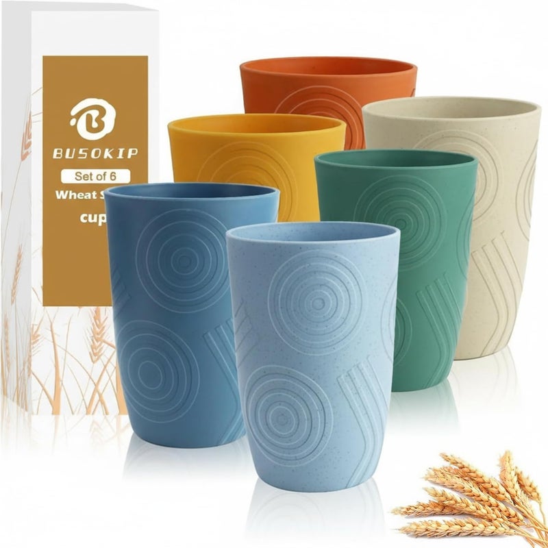 BUSOKIP Wheat Straw Cups 16 OZ, Plastic Drinking Glasses, Drinking Cup, Unbreakable Kitchen Cups Sets of 6, Microwave & Dishwasher Safe Water Glasses, Reusable Plastic Cup for Party (Multicolor) - Image 1