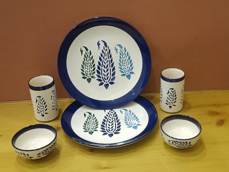 caffeine Premium Stoneware Ceramic Handmade Blue boota Dinner Set (Set of 6) - Image 1