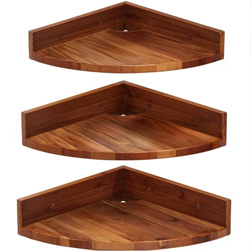 Demigo Corner Shelf Wall Mount Set of 3, Solid Acacia Wood Round Floating Corner Shelves for Storage and Display, Hanging Wood Shelves for Bedroom, Kitchen, Living Room, Bathroom (Brown) - Image 1