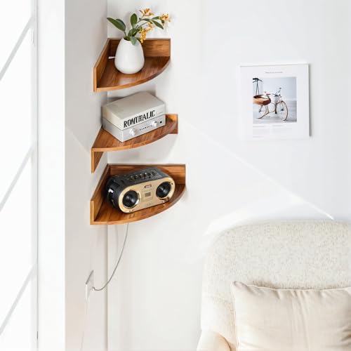 Demigo Corner Shelf Wall Mount Set of 3, Solid Acacia Wood Round Floating Corner Shelves for Storage and Display, Hanging Wood Shelves for Bedroom, Kitchen, Living Room, Bathroom (Brown) - Image 5