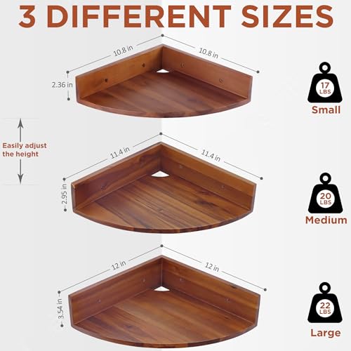 Demigo Corner Shelf Wall Mount Set of 3, Solid Acacia Wood Round Floating Corner Shelves for Storage and Display, Hanging Wood Shelves for Bedroom, Kitchen, Living Room, Bathroom (Brown) - Image 3