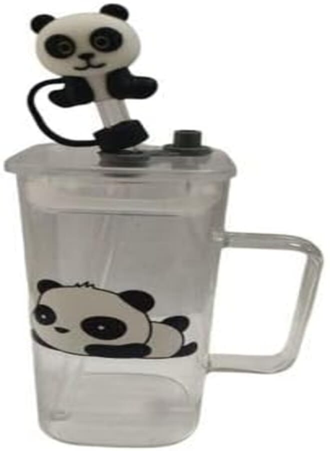 Spaceshoop Glass Cup with Lid and Straw, Iced Coffee Tumbler, Glass Cups for Water Iced Tea Juice Beverages Milk Cocktail Mixed Drinks (Panda)