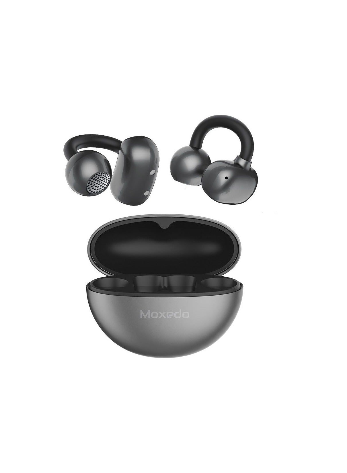 Moxedo True Wireless Earbuds S8 Clip on Dual Device Connection Bluetooth 5.4 300 mAh Charging Case 6 Hrs Playing Time Battery Indicator with Innovative Curved Design (Gray)