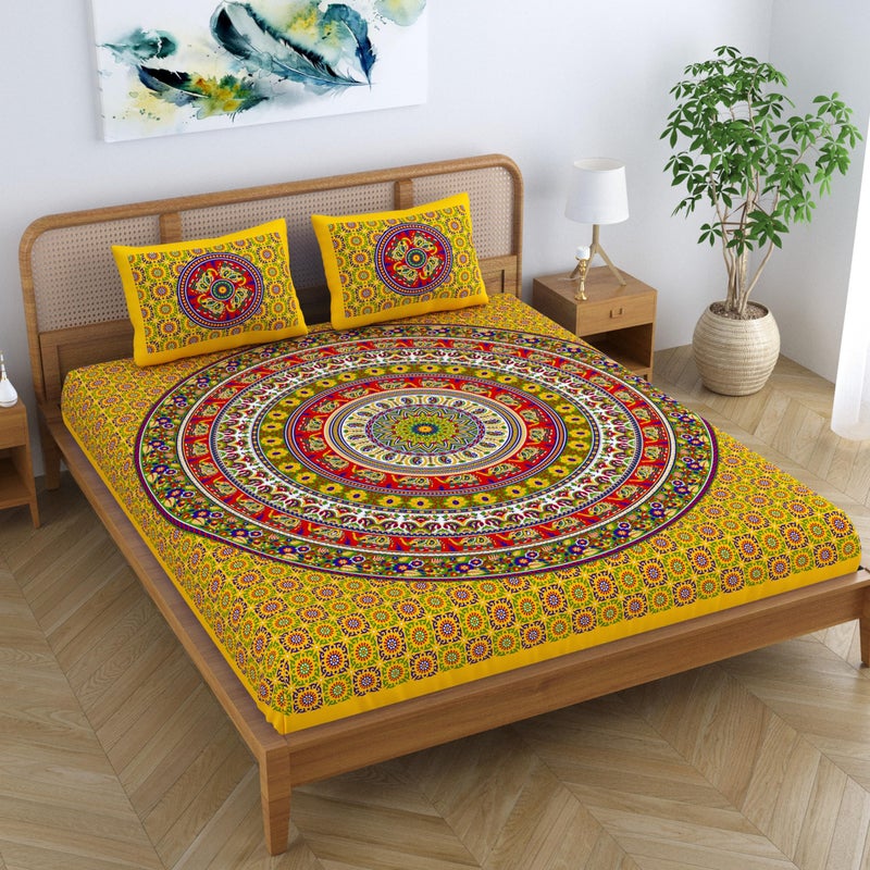 SheetKart Mandala 144 TC 100% Cotton Double King Size Bedsheet with 2 Pillow Covers, Yellow - Image 4