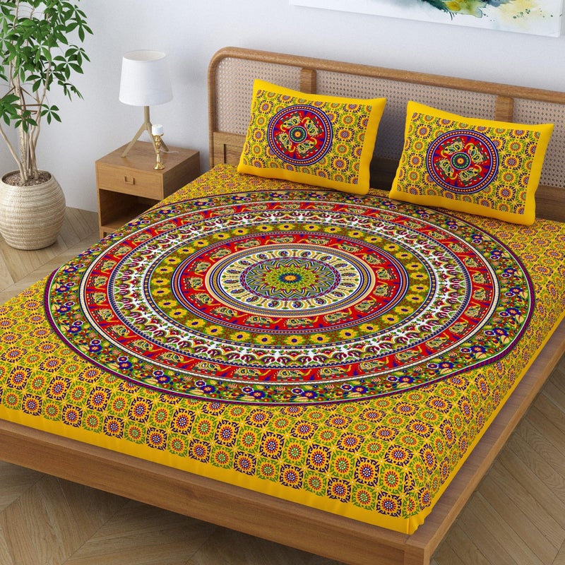 SheetKart Mandala 144 TC 100% Cotton Double King Size Bedsheet with 2 Pillow Covers, Yellow - Image 3