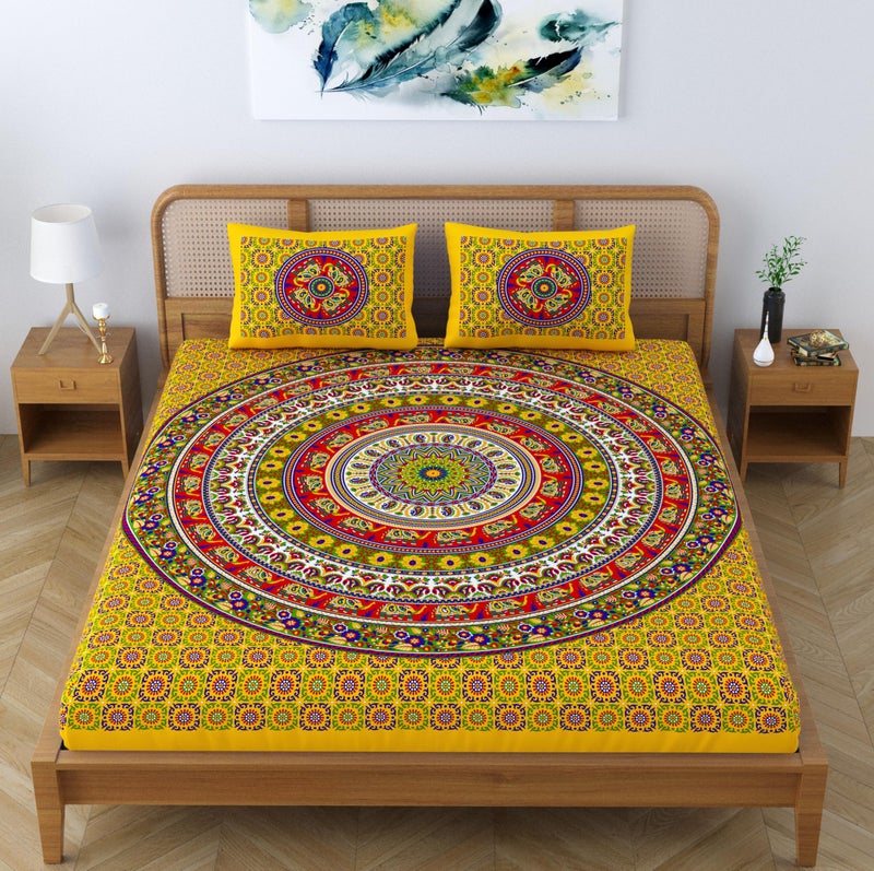 SheetKart Mandala 144 TC 100% Cotton Double King Size Bedsheet with 2 Pillow Covers, Yellow - Image 5