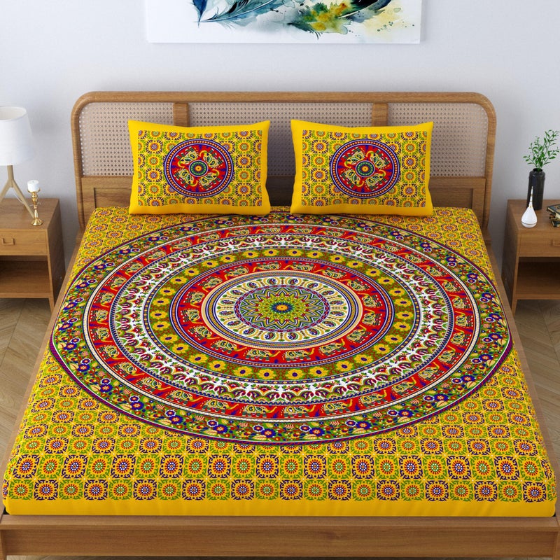 SheetKart Mandala 144 TC 100% Cotton Double King Size Bedsheet with 2 Pillow Covers, Yellow - Image 2