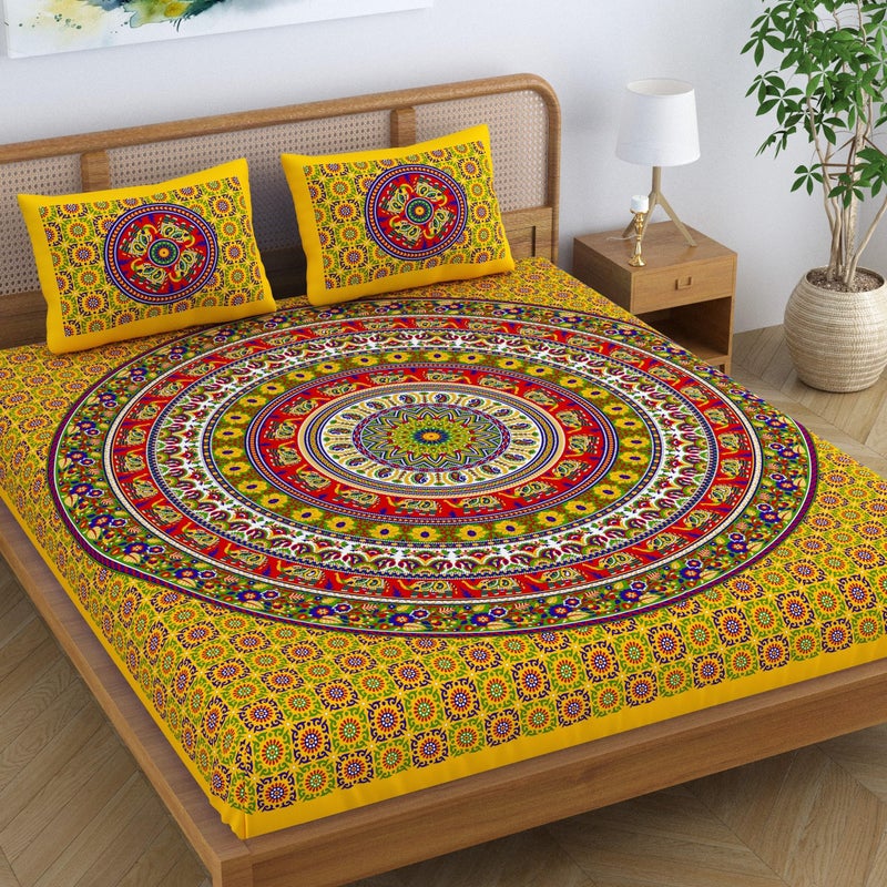 SheetKart Mandala 144 TC 100% Cotton Double King Size Bedsheet with 2 Pillow Covers, Yellow - Image 1