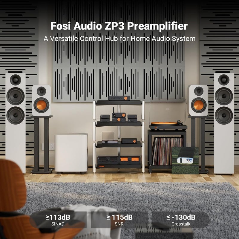 Fosi Audio ZP3 مكبر صوت تمهيدي متوازن للصوت المنزلي، مدخلين RCA ومدخل XLR واحد، مخرجات RCA/XLR ومخرج فرعي، مكبر تمهيدي لإعداد ستيريو ثنائي القنوات و2.1، مكبر تمهيدي مع مرشح تمرير عالي HPF والتحكم في النغمة. - Image 2