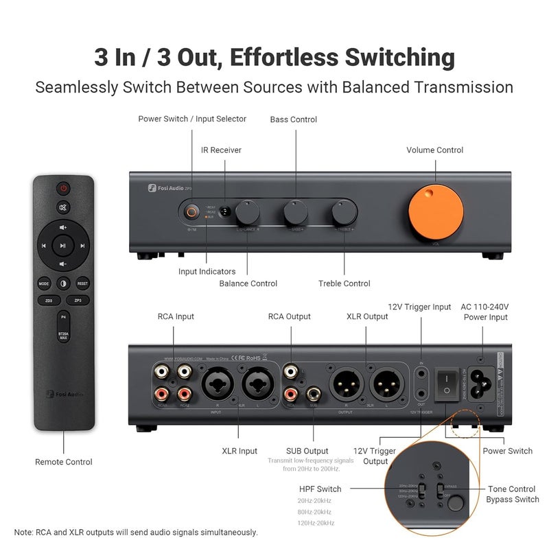 Fosi Audio ZP3 مكبر صوت تمهيدي متوازن للصوت المنزلي، مدخلين RCA ومدخل XLR واحد، مخرجات RCA/XLR ومخرج فرعي، مكبر تمهيدي لإعداد ستيريو ثنائي القنوات و2.1، مكبر تمهيدي مع مرشح تمرير عالي HPF والتحكم في النغمة. - Image 3