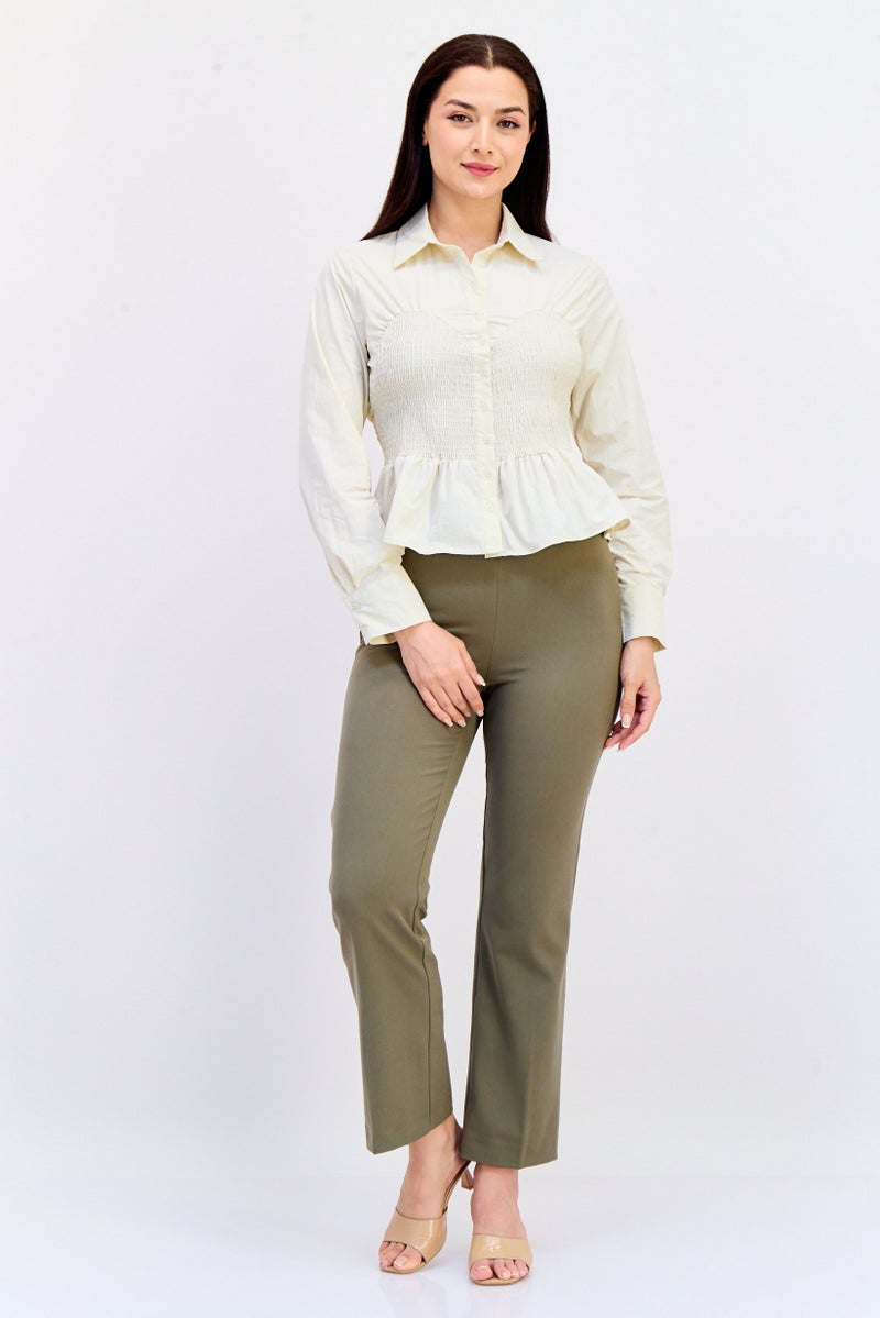 KOTON Ole x Koton Women Spread Collar Long Sleeves Textured Blouse, Beige - Image 2