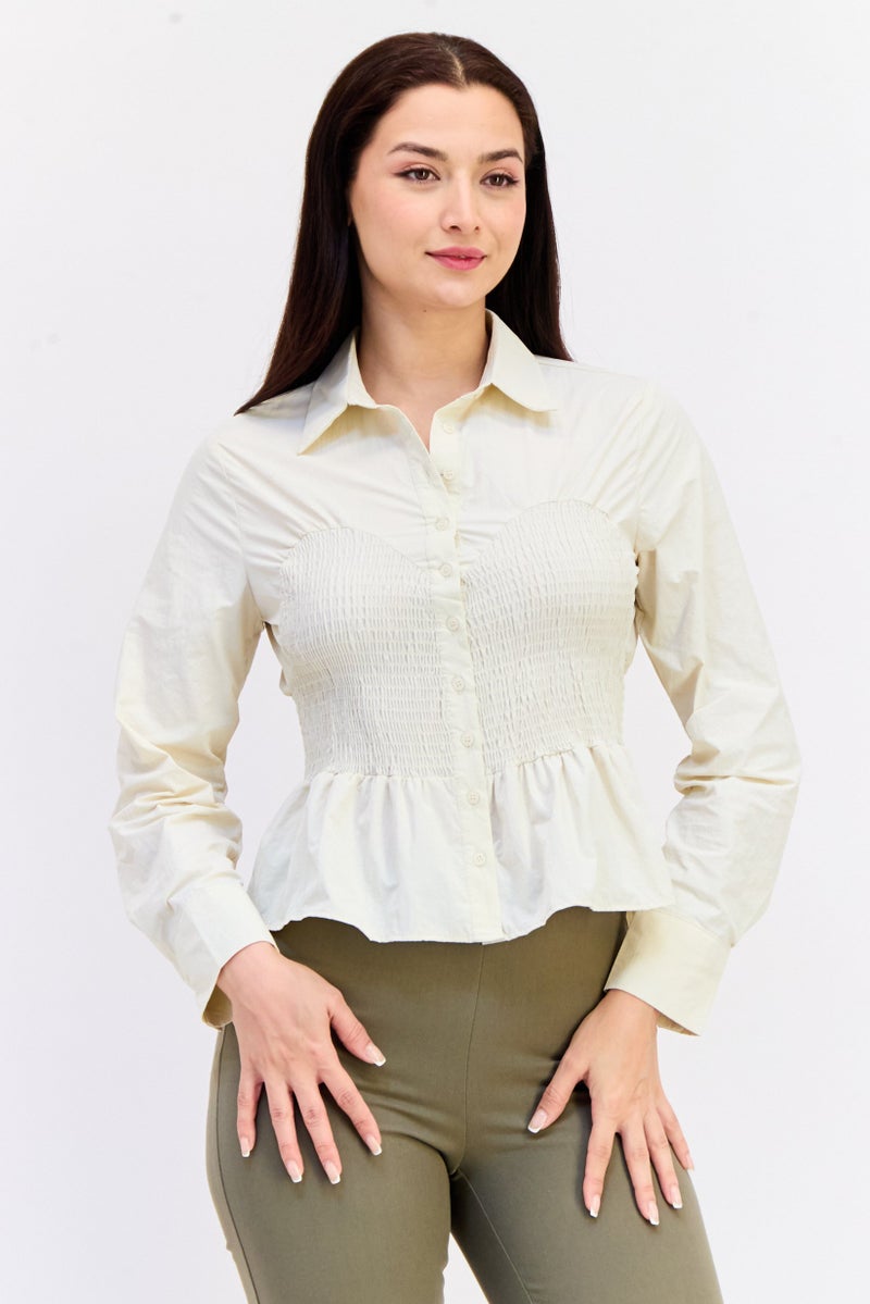 KOTON Ole x Koton Women Spread Collar Long Sleeves Textured Blouse, Beige - Image 1