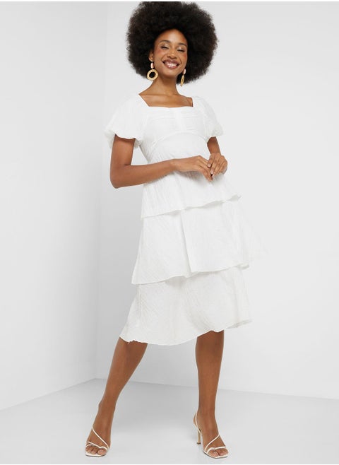 Puff Sleeve Tiered Detail Dress
