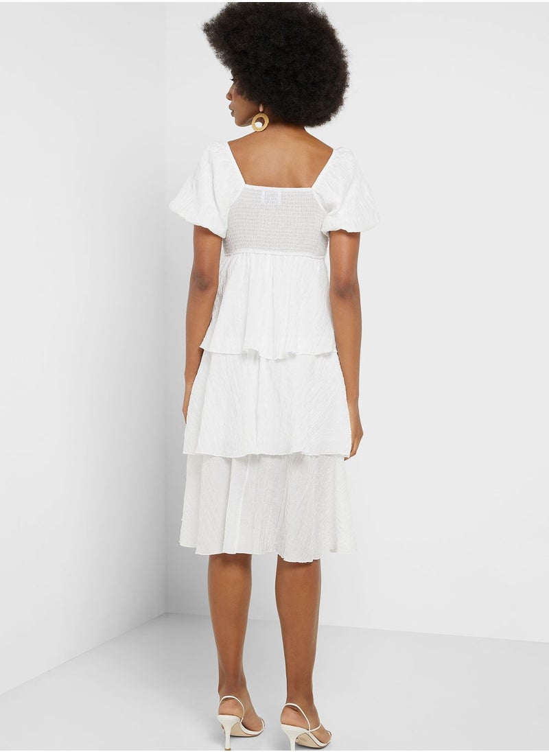 Puff Sleeve Tiered Detail Dress