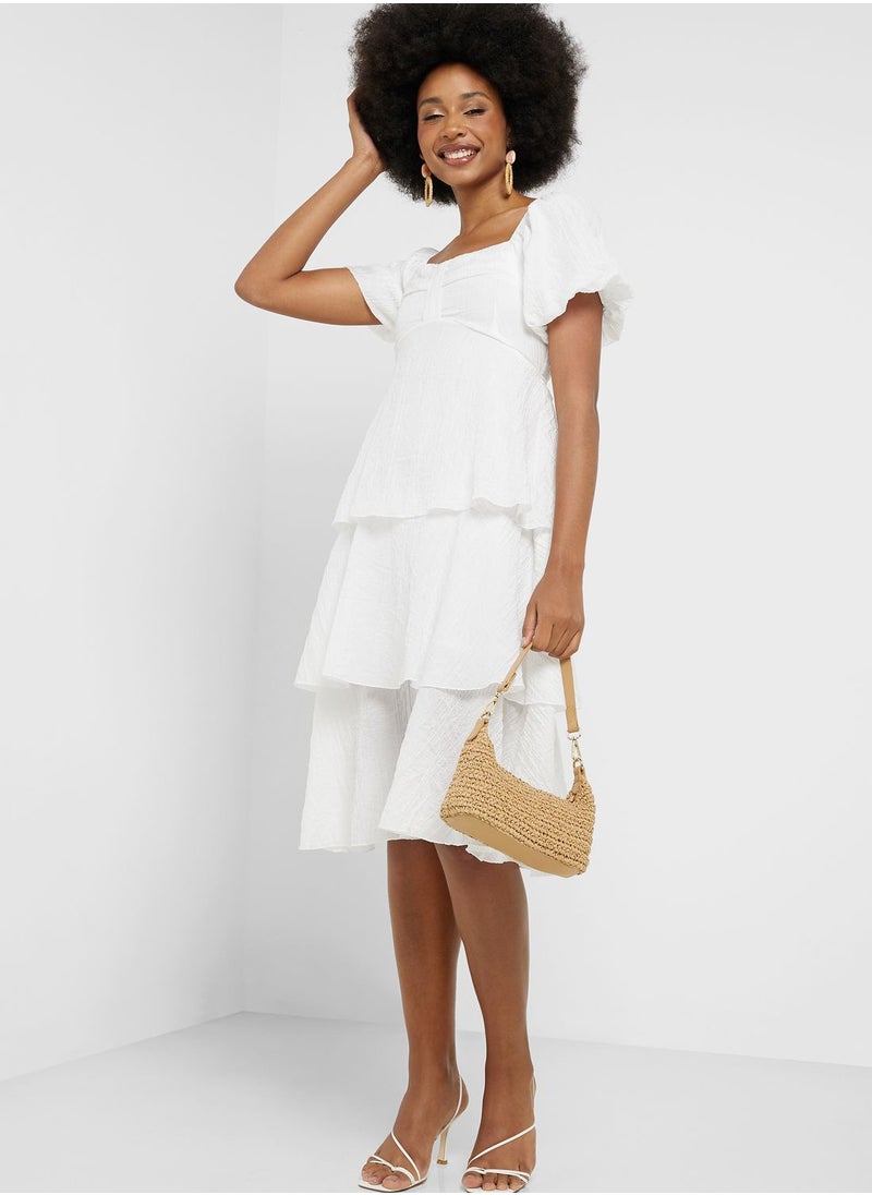 Puff Sleeve Tiered Detail Dress