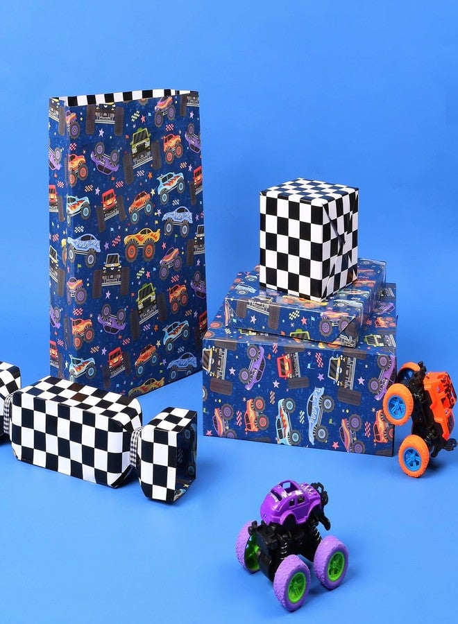 LaRibbons Monster Truck Reversible Wrapping Paper Mini Roll, Checkered Flag Design, Perfect for Kids and Boys Birthdays, 17" x 33'(46.7 sq. ft) - Image 3
