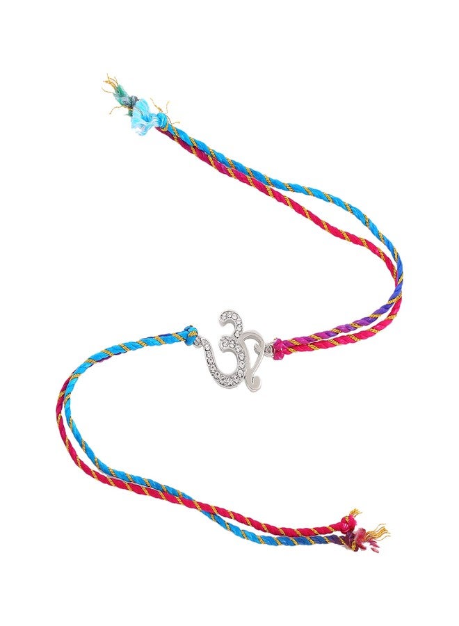 Estele Rhodium Plated Auspicious Om Bracelet with Austrian Crystals with Multi Colored Silk Thread for Men - Image 2