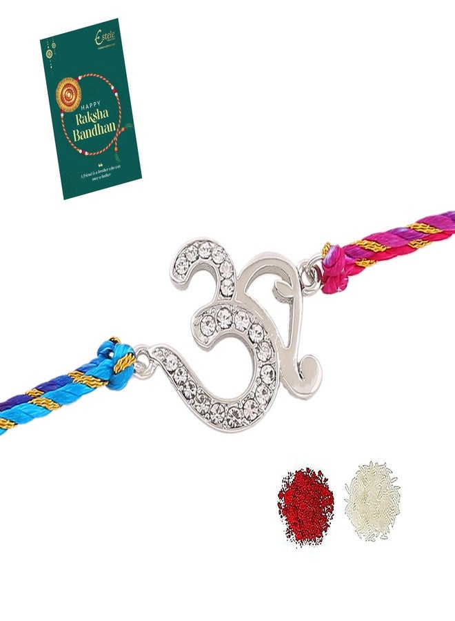 Estele Rhodium Plated Auspicious Om Bracelet with Austrian Crystals with Multi Colored Silk Thread for Men - Image 1