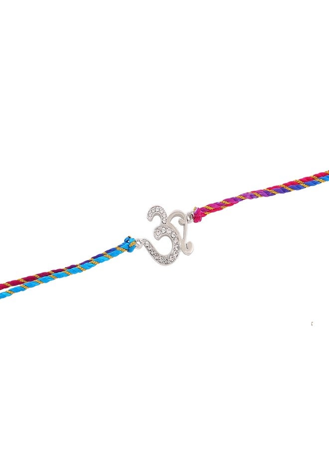 Estele Rhodium Plated Auspicious Om Bracelet with Austrian Crystals with Multi Colored Silk Thread for Men - Image 3