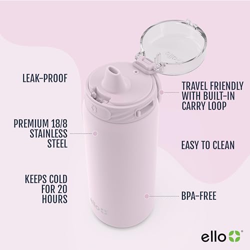 Ello Cooper 18oz Stainless Steel Water Bottle with Straw and Carry Handle, Double Walled and Vacuum Insulated Metal, Leak Proof Locking Lid with Soft Silicone Spout, Reusable, BPA Free, Cashmere Pink - Image 3