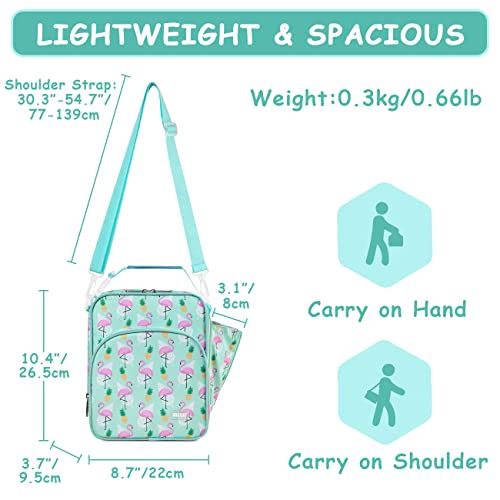 VASCHY Lunch Boxes Bag for Kids, Insulated Lunchbox Reusable Containers for Girls with Detachable Shoulder Strap for School Blue Dinosaur Flamingos - Image 2