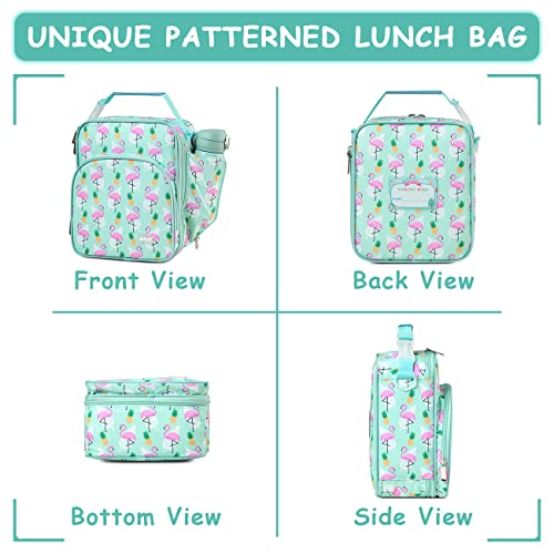 VASCHY Lunch Boxes Bag for Kids, Insulated Lunchbox Reusable Containers for Girls with Detachable Shoulder Strap for School Blue Dinosaur Flamingos - Image 3