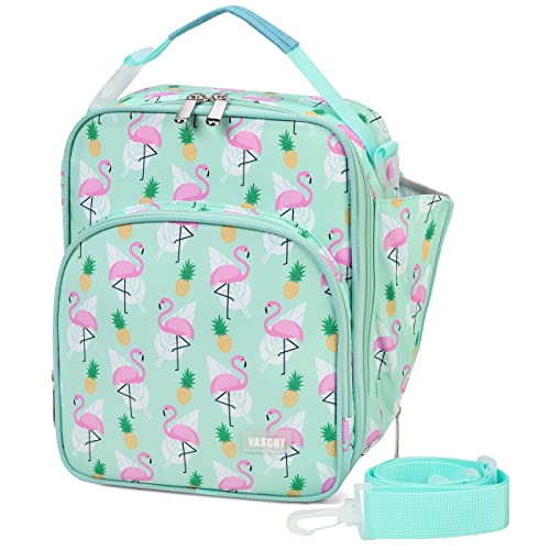 VASCHY Lunch Boxes Bag for Kids, Insulated Lunchbox Reusable Containers for Girls with Detachable Shoulder Strap for School Blue Dinosaur Flamingos - Image 1