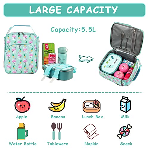 VASCHY Lunch Boxes Bag for Kids, Insulated Lunchbox Reusable Containers for Girls with Detachable Shoulder Strap for School Blue Dinosaur Flamingos - Image 4