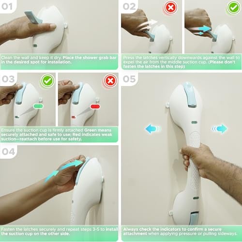 KosmoCare Suction Grab Bar | 17 Inch Tool-Free Shower Handle |Safety Suction Grab Bars with Indicator |Portable Safety Rail for Elderly, Handicap, Seniors | Suction Grip for Bathroom & Bathtubs (Blue) - Image 5