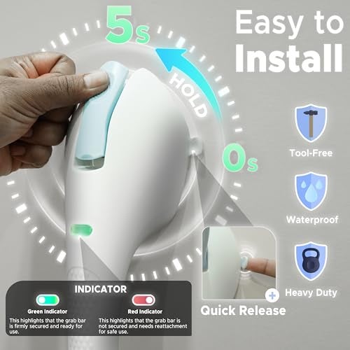 KosmoCare Suction Grab Bar | 17 Inch Tool-Free Shower Handle |Safety Suction Grab Bars with Indicator |Portable Safety Rail for Elderly, Handicap, Seniors | Suction Grip for Bathroom & Bathtubs (Blue) - Image 2
