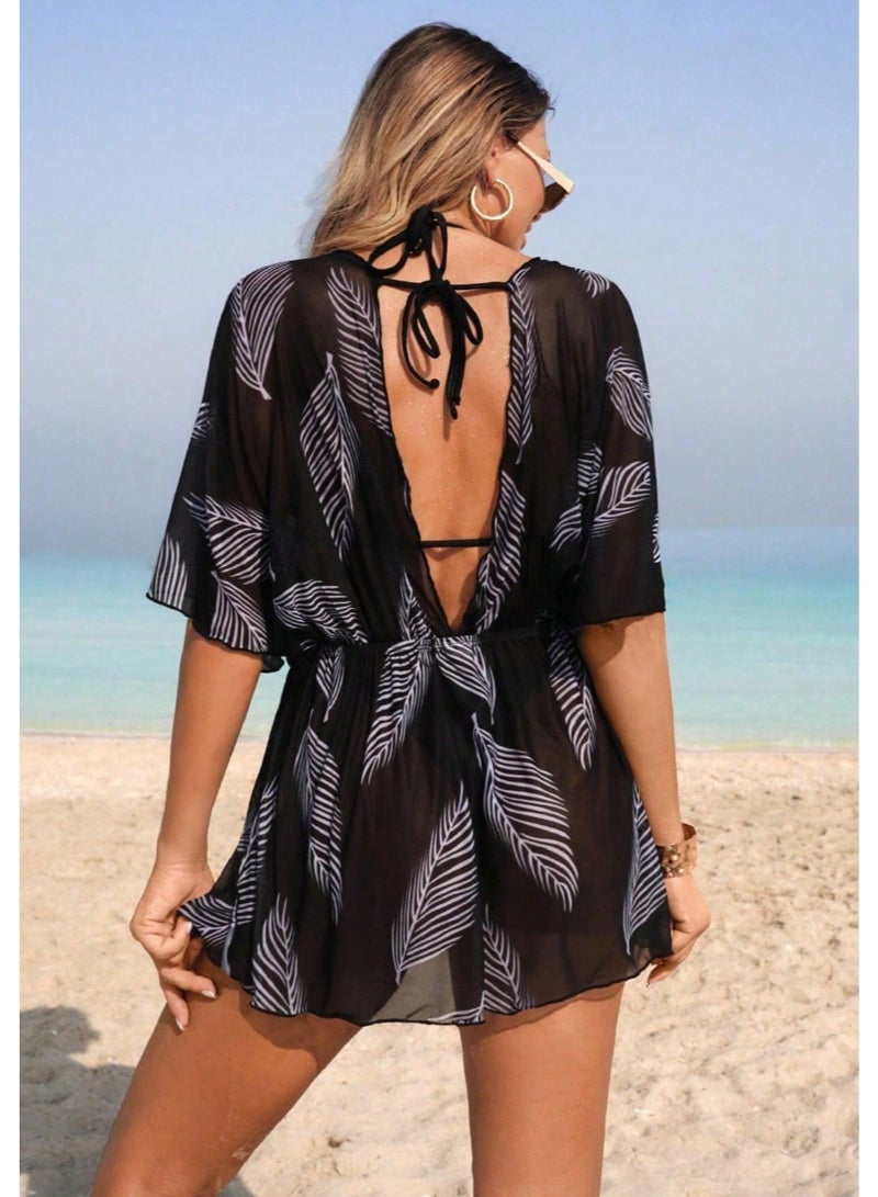 Shein Swim Lushoire 1pc Women Beach Cover Up, Leaf Branch Mesh Pattern, Casual Home Beach Pool Holiday, Spring/Summer - Image 2