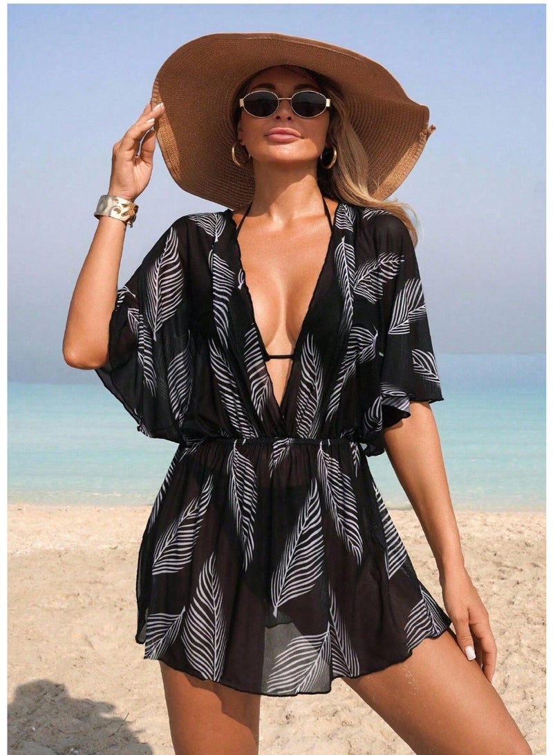 Shein Swim Lushoire 1pc Women Beach Cover Up, Leaf Branch Mesh Pattern, Casual Home Beach Pool Holiday, Spring/Summer - Image 1