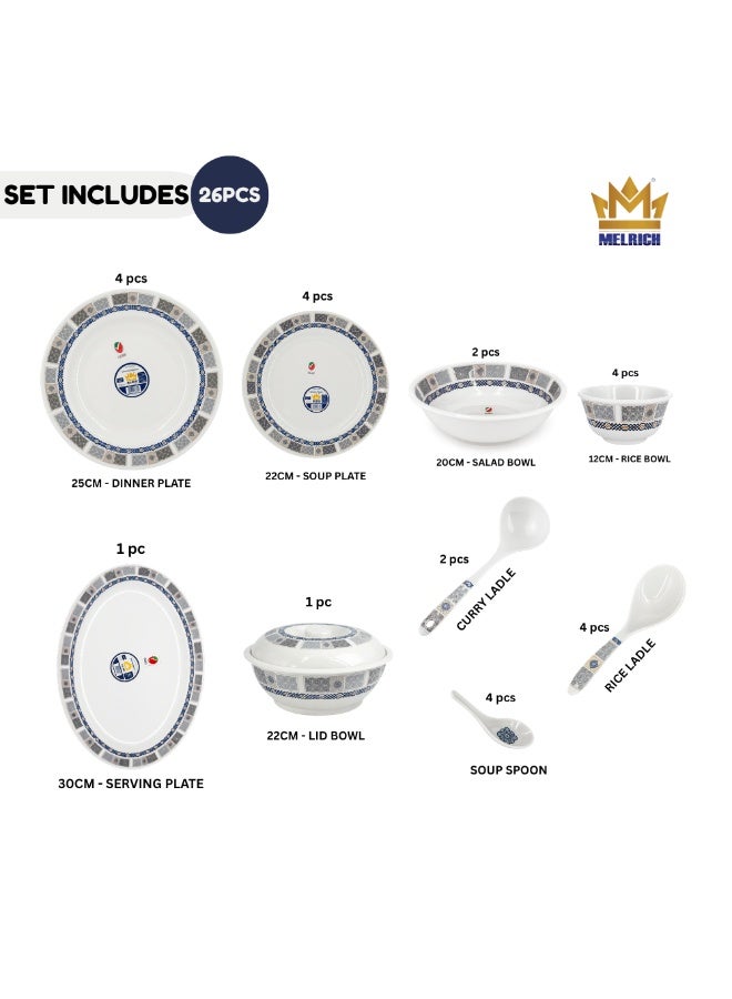 Melrich 26-Piece Melamine Dinner Set | Durable, Food-Grade & Break-Resistant Tableware | Ideal for Breakfast, Lunch & Dinner | Perfect for Home, Parties, Catering, Hotels & Restaurants - Image 3