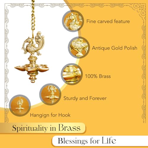 Ekhasa 100% Pure Brass Peacock Hanging Diya for Puja | Diyas for Home Decoration | Pital Deepam for Pooja | Brass Oil Lamps | Agal Vilakku for Pooja | Puja Diya for Home Mandir | Deepak Kundulu - Image 3
