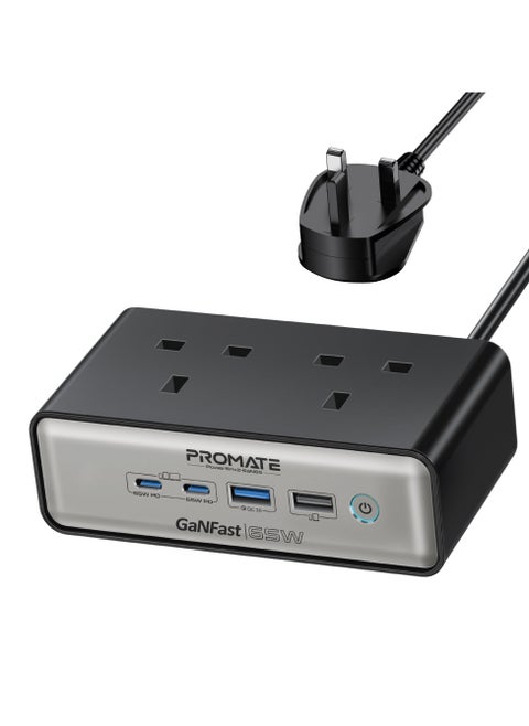 Promate Charging Station, 6-In-1 Multi-Port 65W Ganfast Power Extension With Dual 3250W Ac Sockets, Dual 65W Usb-C™ Power Delivery Ports, Qc 3.0 Port, 2M Cable