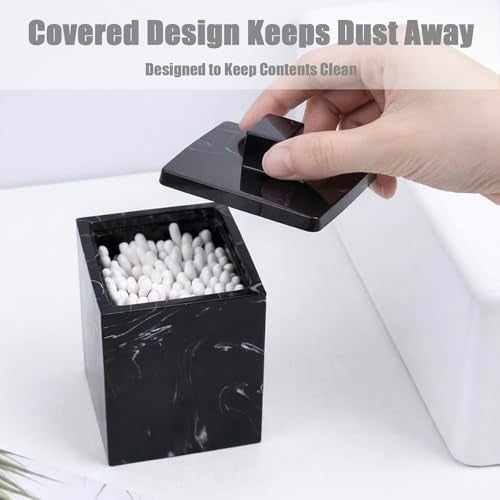 Jung Ford Qtip Holder for Bathroom with Lid – Square Cotton Swab Organizer, Cotton Ball Dispenser, Makeup Pad Container – Marble Look Resin Vanity Storage (Black) - Image 5
