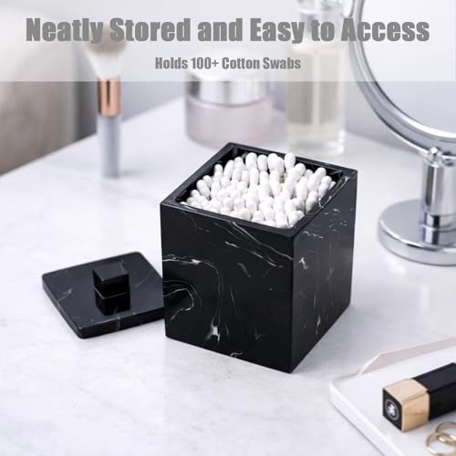 Jung Ford Qtip Holder for Bathroom with Lid – Square Cotton Swab Organizer, Cotton Ball Dispenser, Makeup Pad Container – Marble Look Resin Vanity Storage (Black) - Image 4