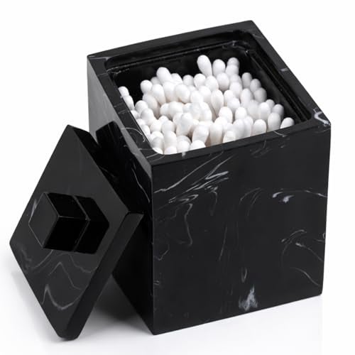 Jung Ford Qtip Holder for Bathroom with Lid – Square Cotton Swab Organizer, Cotton Ball Dispenser, Makeup Pad Container – Marble Look Resin Vanity Storage (Black) - Image 1