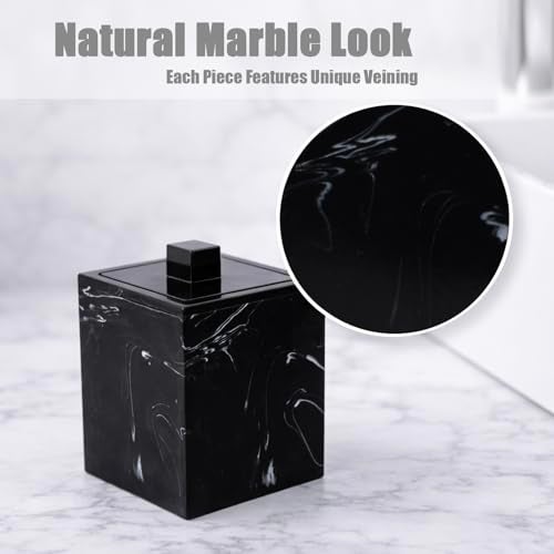 Jung Ford Qtip Holder for Bathroom with Lid – Square Cotton Swab Organizer, Cotton Ball Dispenser, Makeup Pad Container – Marble Look Resin Vanity Storage (Black) - Image 3