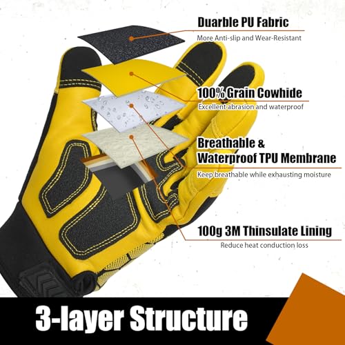 SLARMOR Winter Work Gloves for Men, Insulated, Waterproof, Puncture and Abrasion Resistant, Touch Screen with Warm Thinsulate Lining for Cold Weather, Yellow, Small - Image 2