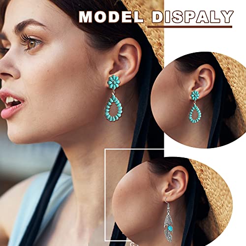 Florideco Western Bohemian Jewelry Set for Women - Turquoise Faux Leather Cuff Bracelet, Pendant Choker Necklace, Hoop Dangle Earrings, and Joint Knuckle Rings - Image 3