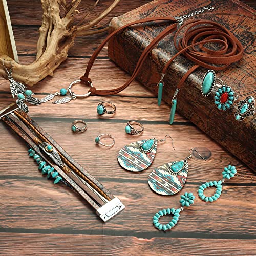 Florideco Western Bohemian Jewelry Set for Women - Turquoise Faux Leather Cuff Bracelet, Pendant Choker Necklace, Hoop Dangle Earrings, and Joint Knuckle Rings - Image 2