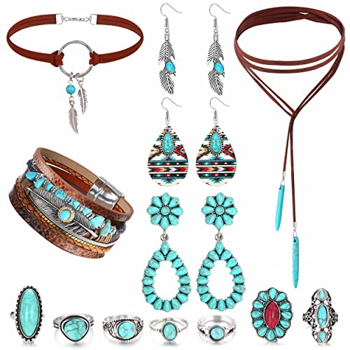 Florideco Western Bohemian Jewelry Set for Women - Turquoise Faux Leather Cuff Bracelet, Pendant Choker Necklace, Hoop Dangle Earrings, and Joint Knuckle Rings - Image 1