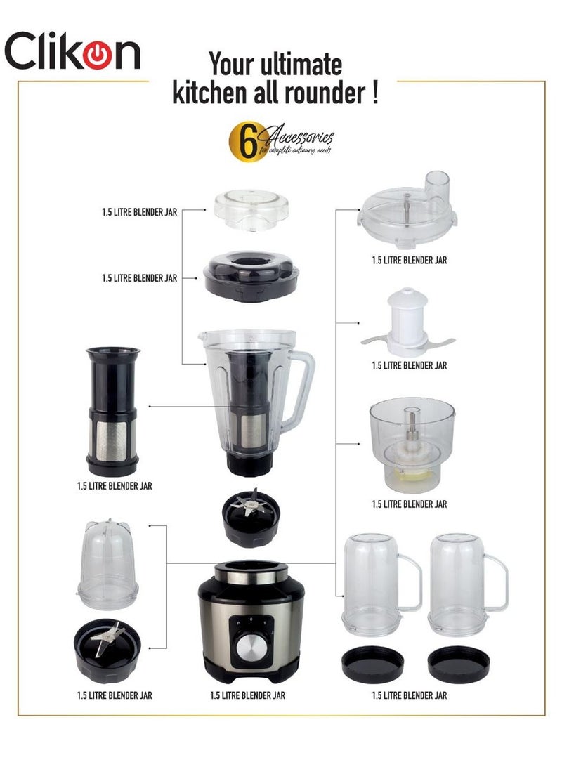 Clikon 6-in-1 Multi-Functional Blender 600W | High-Speed Mixer with Copper Motor, 6-Blade System, & Stainless Steel Finish 1.8 L 600 W CK2695 Black and Silver - Image 4