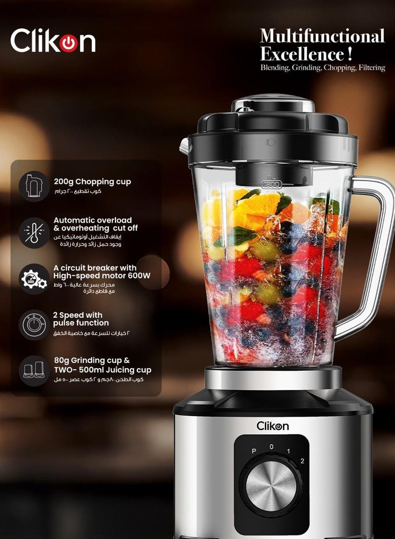 Clikon 6-in-1 Multi-Functional Blender 600W | High-Speed Mixer with Copper Motor, 6-Blade System, & Stainless Steel Finish 1.8 L 600 W CK2695 Black and Silver - Image 3