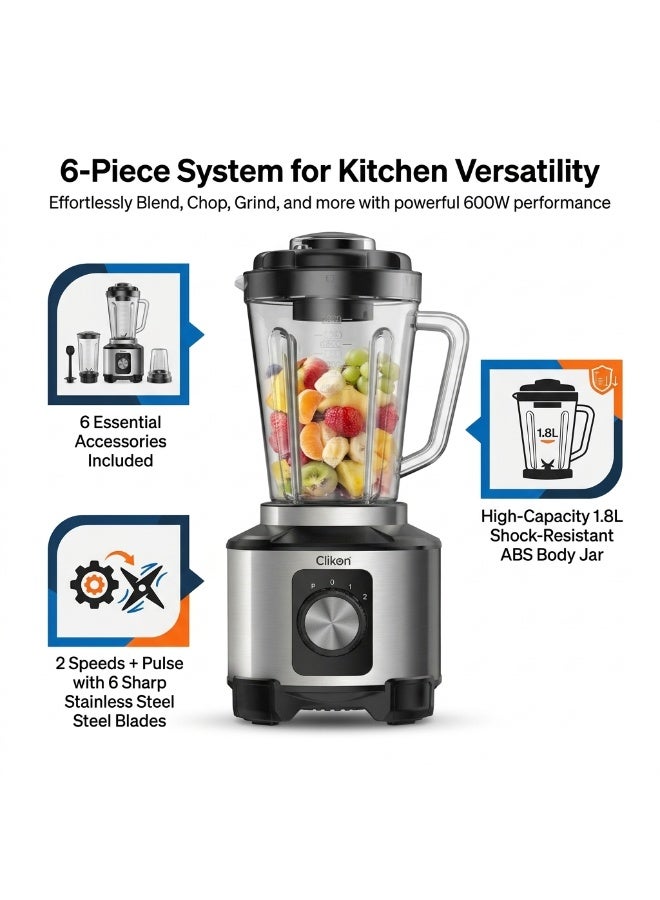 Clikon 6-in-1 Multi-Functional Blender 600W | Versatile Kitchen Appliance | Multi-Purpose Food Preparation | Black & Silver | 2-Year Warranty | CK2695 1.8 L 600 W CK2695 Black and Silver - Image 2