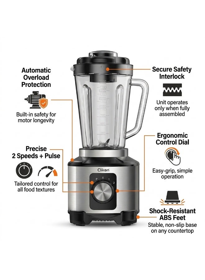Clikon 6-in-1 Multi-Functional Blender 600W | Versatile Kitchen Appliance | Multi-Purpose Food Preparation | Black & Silver | 2-Year Warranty | CK2695 1.8 L 600 W CK2695 Black and Silver - Image 3