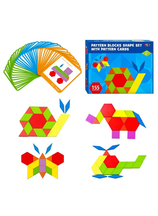 SpriteGru 155 Pcs Wooden Pattern Blocks Set, 24 Double Sided Design Cards(48 Patterns) Geometric Shape Puzzle Fun Tangram Montessori Learning Toys For Kids Ages 4 8 (A Storage Bag & A Gift Box)  - Image 1